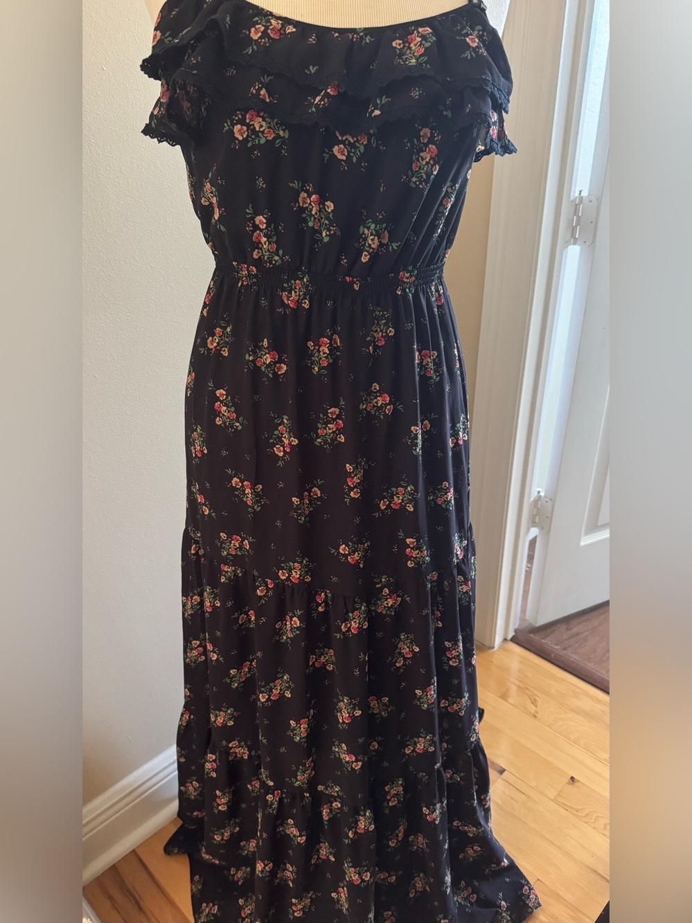 Guess Black Maxi Dress with Pink & Green Floral Print